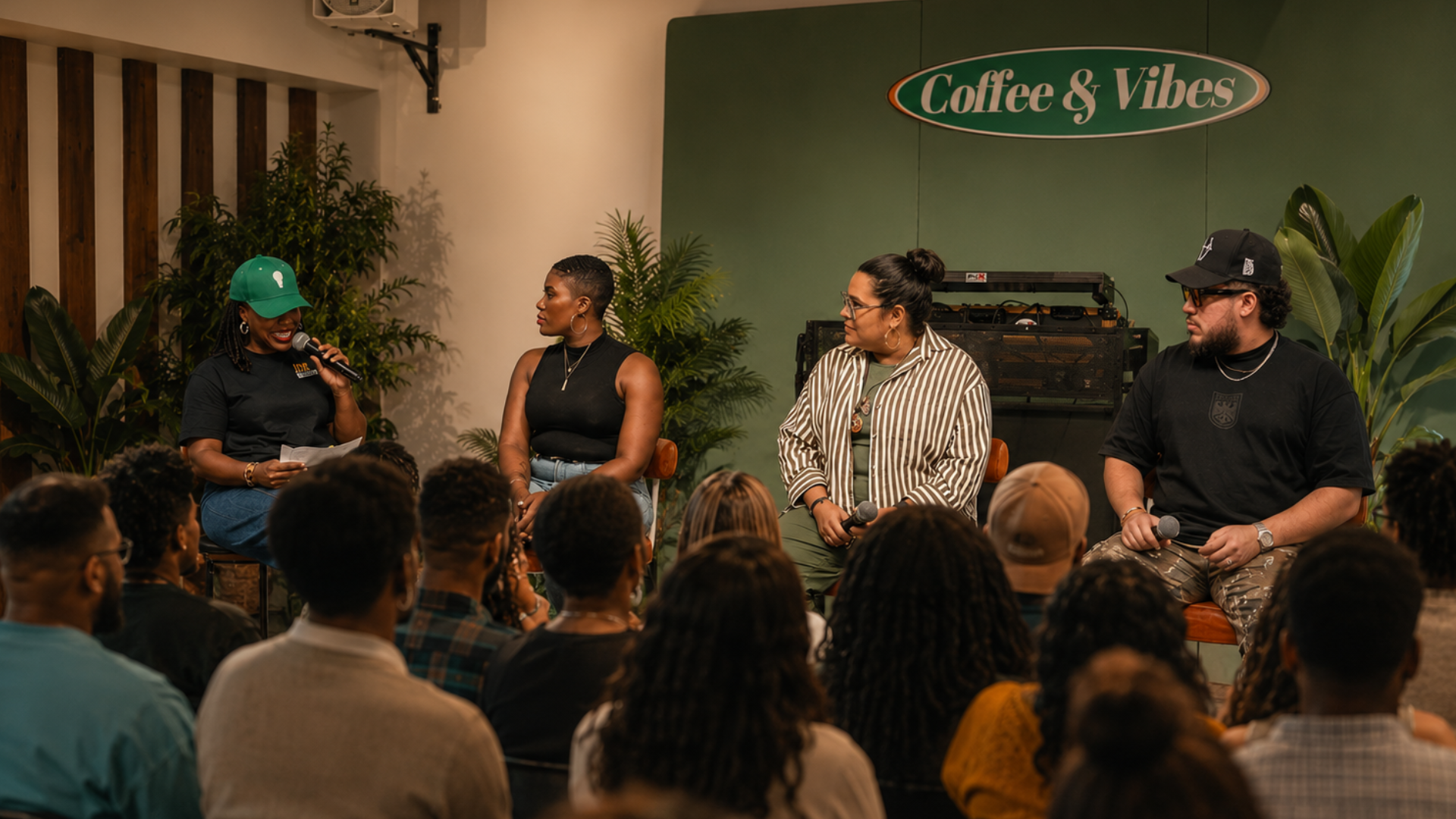 Panelists in conversation at a Coffee & Vibes gathering, seated before an engaged community audience