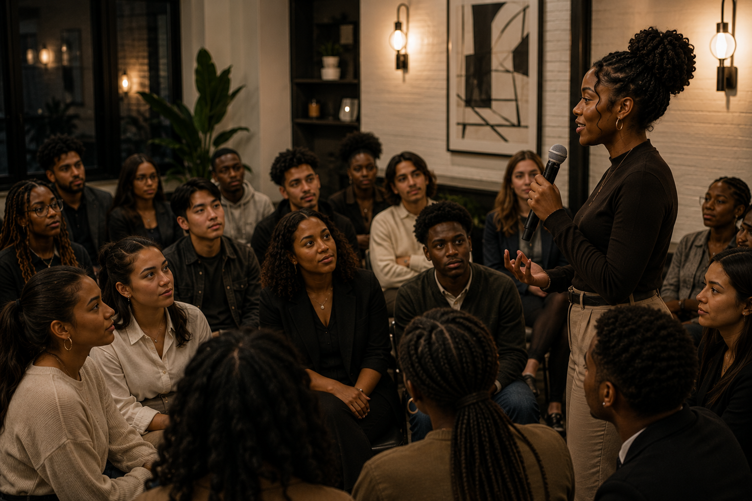 A Black woman facilitator speaking into a microphone before a diverse circle of young professionals at an intimate Brand University gathering