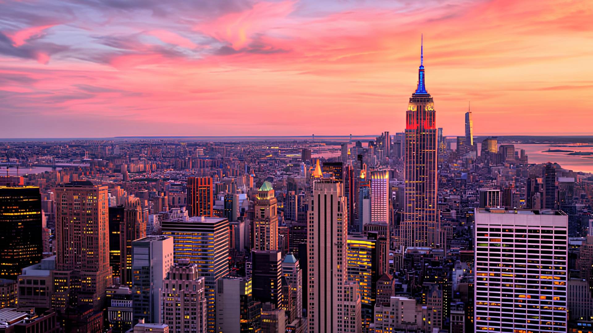 Panoramic New York City skyline at sunset with reflection on the water
