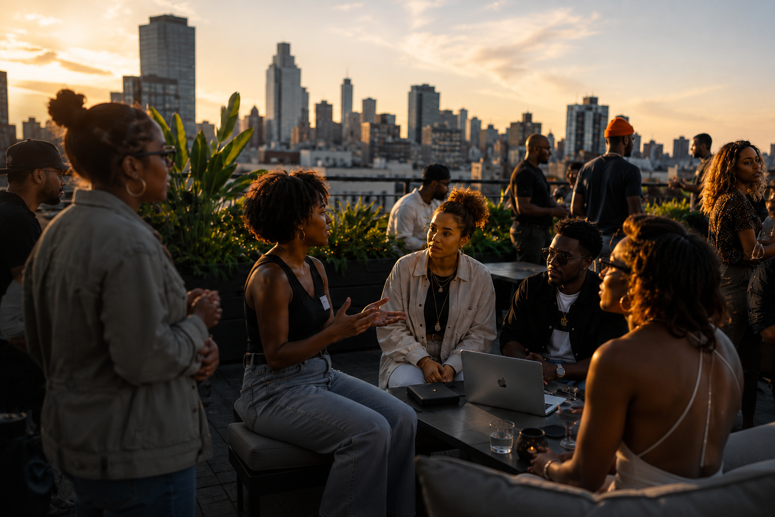 Diverse professionals gathering on a rooftop at sunset with the city skyline behind them