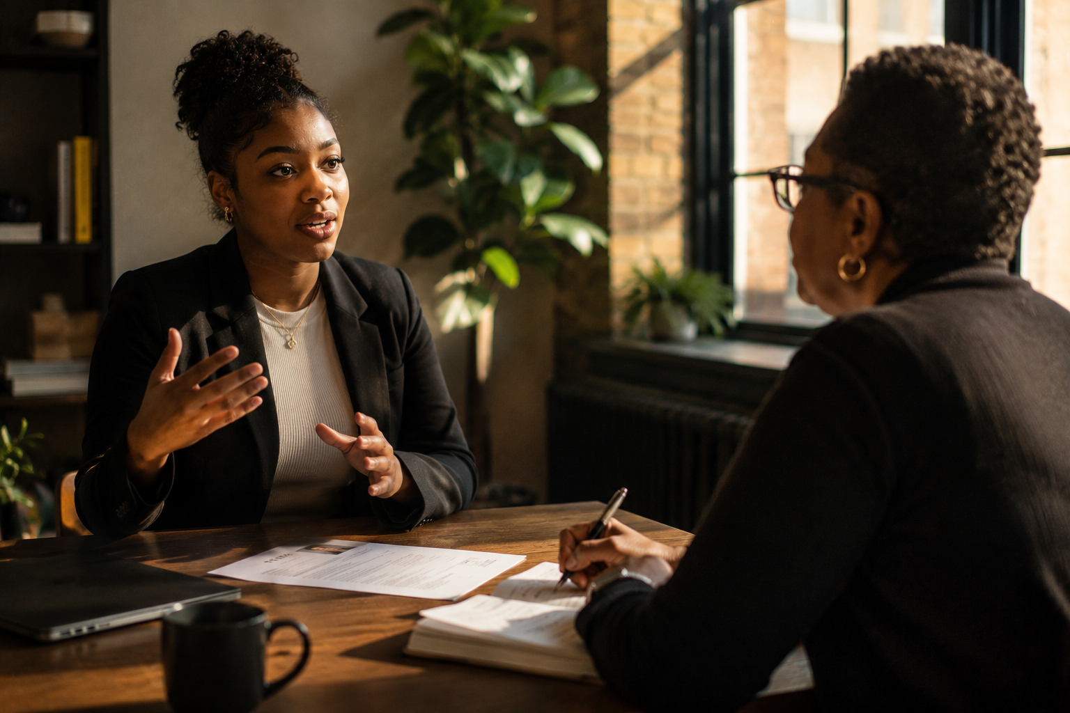 A young professional in conversation with a mentor across a desk during a career readiness session
