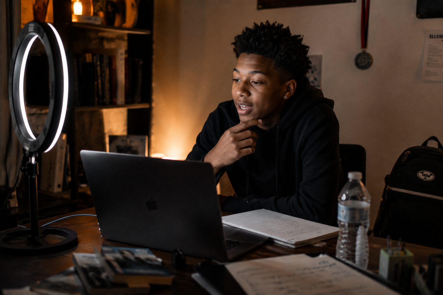 A young professional recording his story and personal brand at a laptop with a ring light