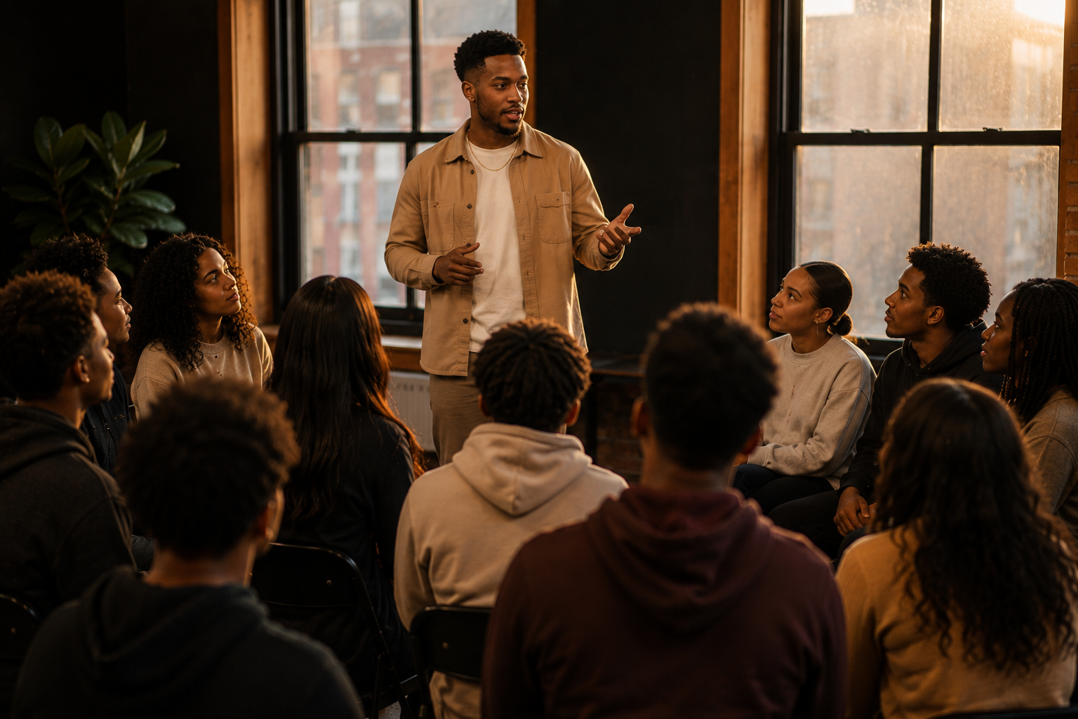 A young leader facilitating a discussion before a seated circle of peers
