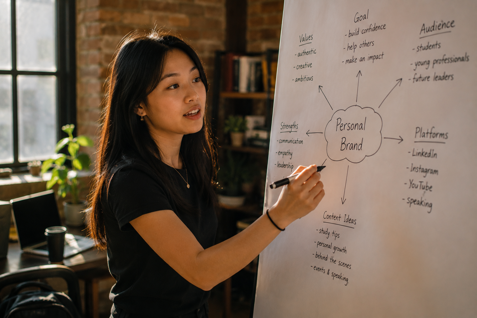 A young professional mapping out her personal brand and future roadmap on a whiteboard